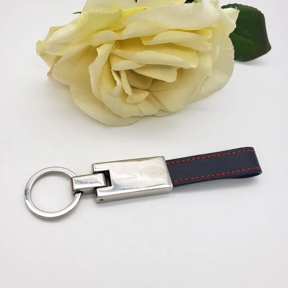Jaguar Land Rover Chrome and Black Leather Strap Key Chain Fob Luxury Car